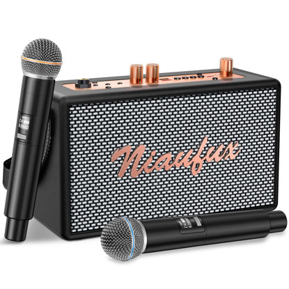 Picture of Retro Karaoke Machine with Two Wireless Microphones, Portable Bluetooth Speaker for Adults and Kids, Rechargeable PA System for Home Party, AUX/USB/TF/OTG Support, Vintage Decor Gifts