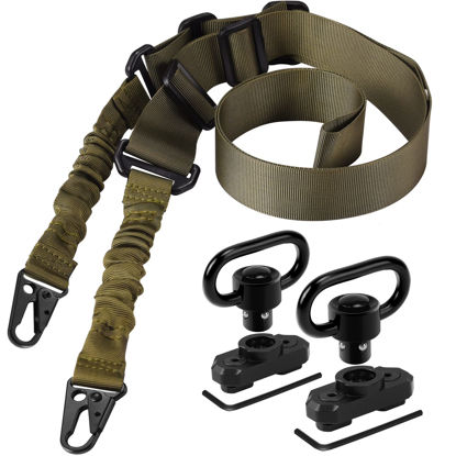 Picture of REERON Two Point Traditional Sling with Mounts - Adjustable Extra Long Two Point Traditional Sling with 2 Pack 1.25" QD Sling Rail Mounts for M Lock (Green Sling + 2 Pack Sling Mounts)