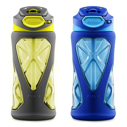 Picture of ZULU Torque 2 Pack 16oz Plastic Kids Water Bottle with Silicone Sleeve and Leak-Proof Locking Flip Lid, Soft Touch Carry Loop for School Backpack, Lunchbox, BPA-Free Dishwasher Safe, Grey/Green