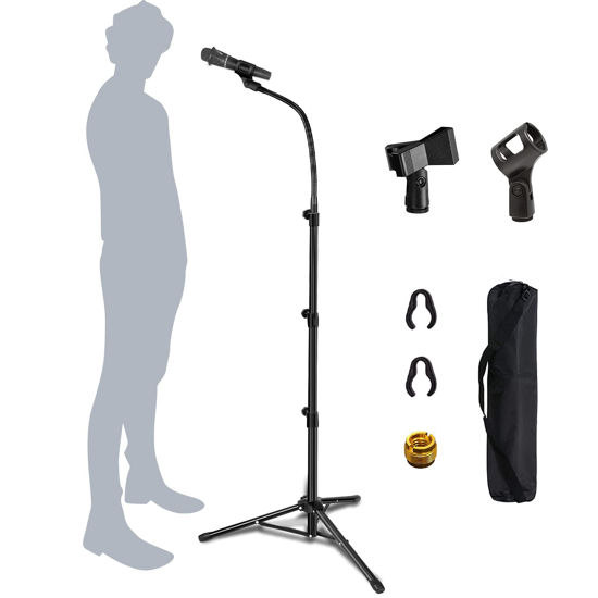 Picture of Mic Stand Boom Microphone Stands Tripod Gooseneck mic arm stand Height Adjustable 3'- 6' with Mic Clips and 3/8" - 5/8" Adapter Microphone stand for Singing