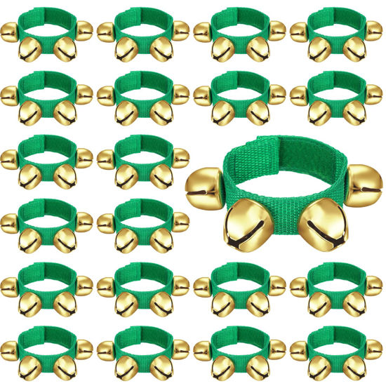 Picture of LEIFIDE 20 Pcs Christmas Wrist Band Bell Bracelet Wrist Band Shaking Bell Musical Instruments Adjustable Bell Rhythm Wristband Bell for School Family Christmas Percussion Party Favor (Green and Gold)