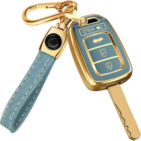 Picture of for Honda Civic Key Fob Cover and Leather Keychain - Full Cover Key Case for Honda Accord, CR-V SE, CRV LX, HR-V - 2014-2022 TPU Keyfob Cover Compatible with MLBHLIK6-1T - Blue and Gold