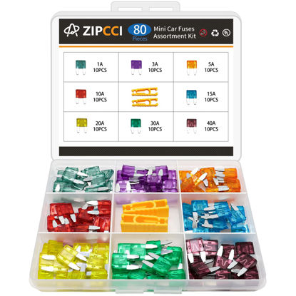 Picture of ZIPCCI 80 Pcs Mini Car Fuse, Fuses Assortment kit(1A/3A/5A/10A/15A/20A/30A/40AMP) Automotive Blade Fuse for RV, Truck, Marine, Auto Accessories