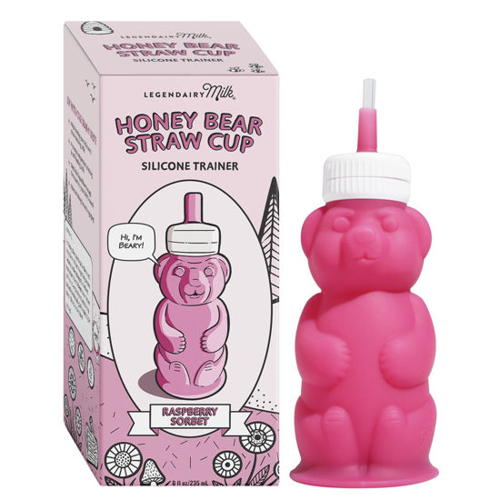 Picture of Legendairy Milk Honey Bear Straw Cup Silicone for Babies (Pink), 8 oz. Dishwasher Safe Baby Straw Cup, Food Grade Silicone, Honeybear Sippy Cup for Ages 4+ Months, Trainer Straw Cup for Toddlers 1-3