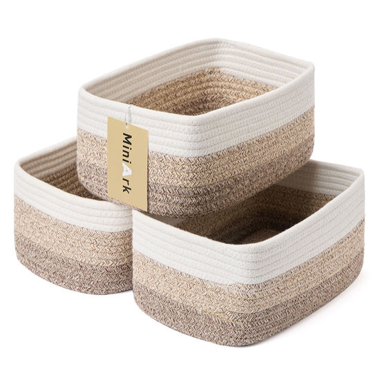 Picture of MiniArk Shelf Storage Baskets for Organizing | Closet Organizer Bins | Small Baskets | Toy Basket | Cute Decorative Basket | Cube Storage Bin | Woven Rope Basket |11.5×7.5×4.7”| 3 Packs Gradient Brown
