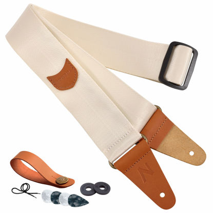 Picture of Nefelibata Guitar Strap with Pick Pocket, Vintage Nylon Full Grain Leather Ends Guitar Straps for Bass, Electric & Acoustic Guitar, with Strap Button, 1 Pair Strap Locks and 4 Guitar Picks (Beige)