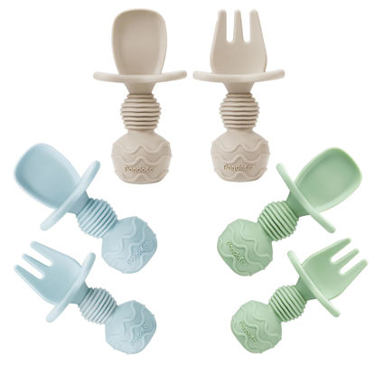 Picture of PandaEar 6 Pack Silicone Baby Spoons and Fork Feeding Set- Anti-Choke First Self Feeding Utensils for Baby Led Weaning Ages 3 Months (Blue, Green&Tan)