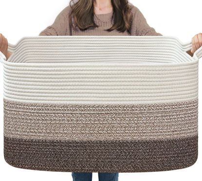 Picture of Goodpick Large Basket, 21.6" x 14.9" x 11.8", Woven Storage Basket for Bedroom, Large Blanket Basket for Living Room, Toy Baskets for Organizing, Rectangle Rope Baskets for Storage, White Brown
