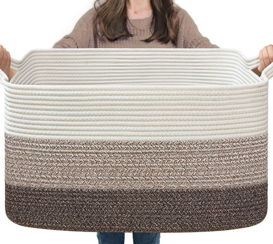 Picture of Goodpick Large Basket, 21.6" x 14.9" x 11.8", Woven Storage Basket for Bedroom, Large Blanket Basket for Living Room, Toy Baskets for Organizing, Rectangle Rope Baskets for Storage, White Brown
