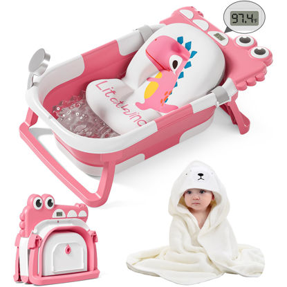 Picture of MoreFeel Collapsible Baby Bathtub for Newborn with Thermometer & 1 Hooded Towel & 1 Soft Floating Cushion,Portable Travel Bathtub with Drain Hole, Durable Foldable Baby Tubs for Infants to Toddler