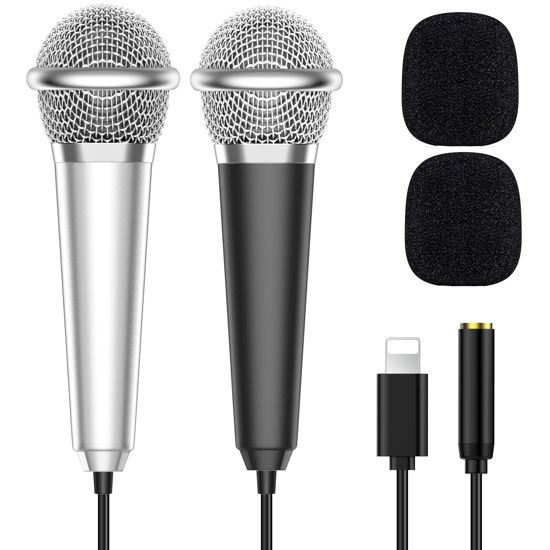 Picture of 2PCS Mini Microphone for iPhone iPad Small ASMR Tiny Microphone for Voice Video Recording Singing, Vlogging, YouTube Two Mics Silver and Black