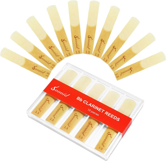 Picture of Sovvid 10 Pack Bb Clarinet Reeds with Plastic Box, Strength 1.5 Reeds for Clarinet, Thinner Reed Tip & Unfiled Cut for Easy of Play, Traditional Reeds for Clarinet Beginner and Player