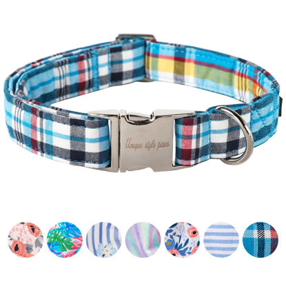 Picture of Unique style paws Dog Collar Metal Buckle Blue Plaid Collar Gift Durable Cute Collar for Small Medium Large Boys Girls Dogs