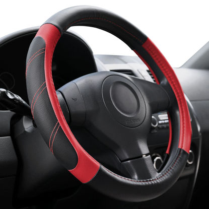 Picture of Elantrip Leather Steering Wheel Cover 14 1/2 to 15 inch Universal Padded Soft Grip Breathable for Car Truck SUV Jeep Anti Slip Black and Red