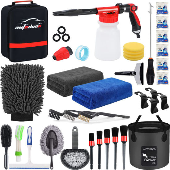 Picture of AUTODECO 35Pcs Car Wash Detailing Kit Cleaning Kits with Foam Gun Sprayer Collapsible Bucket Brush Large Wash Mitt Towels Complete Interior Exterior Car Washing Supply Set Black