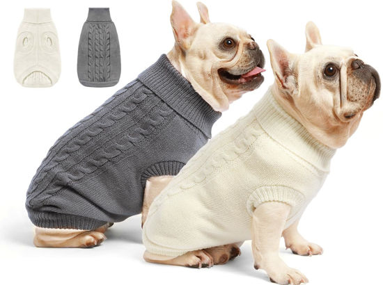 Picture of Roseelk 2 Pack Dog Sweaters for Small Dogs - Puppy Medium Warm Clothes in Winter, Turtleneck Pullover Design for Boy Girl Pet, Doggie, Cat, Kitten Chihuahua Bulldog Pug Beagles (XS, Grey, Beige)