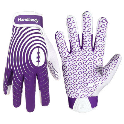 Picture of HANDLANDY Football Gloves Youth, Sticky Kids Receiver Gloves for Boys Girls, Stretch Fit Flag Football Gloves (White and Purple, X-Large)