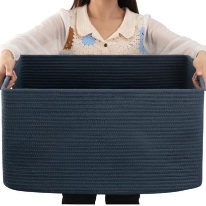 Picture of OIAHOMY 75L Large Blanket Basket, Woven Storage Basket with Handle, Cotton Rope Basket 22”x17”x12”,Blanket Basket Living Room, Toy Basket for Nursery, Blue