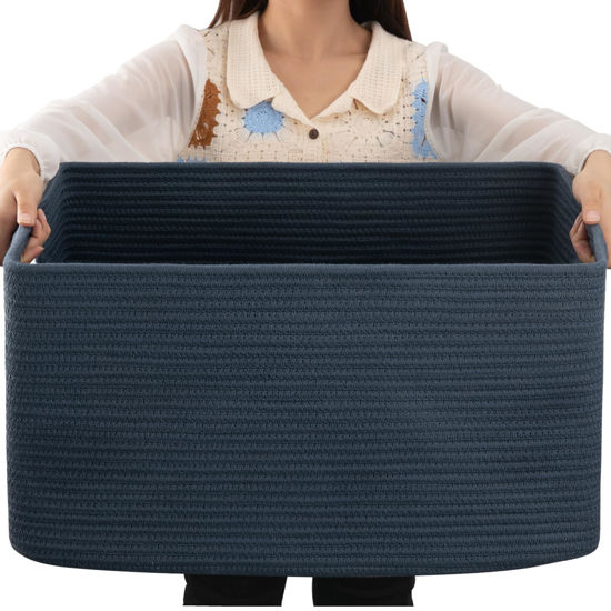 Picture of OIAHOMY 75L Large Blanket Basket, Woven Storage Basket with Handle, Cotton Rope Basket 22”x17”x12”,Blanket Basket Living Room, Toy Basket for Nursery, Blue