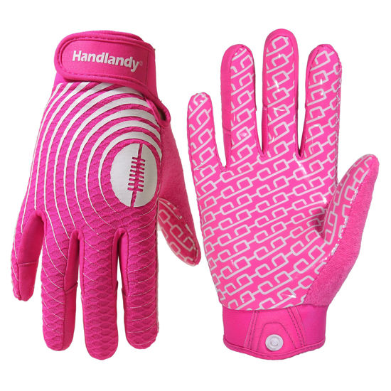 Picture of HANDLANDY Youth Football Gloves, Sticky Wide Receiver Gloves for Kids & Adult, Pink Stretch Fit Football Gloves (Pink and White, Medium)
