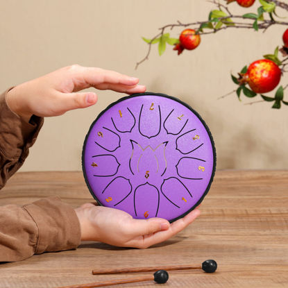 Picture of ZXZYHFTY Steel Tongue Drum, 6 Inch 11 Note Steel Hand Drum with Bag, Music Book, Drumsticks, Mallet Holder and Finger Paddles, for Camping, Meditation or Yoga .(Purple)