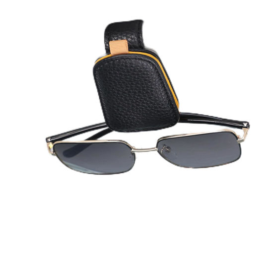 Picture of SINGARO Sunglasses Holder for Car, Leather Magnetic Buckle Sun Visor Sunglass Clip, Ticket Card Storage Glasses Clip, Car Interior Accessories for Men and Women（Black-Yellow）