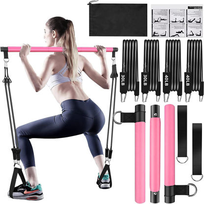 Picture of Bbtops Pilates Bar Kit with Resistance Bands(4 x Bands),3-Section Pilates Bar with Stackable Bands Workout Equipment for Legs,Hip,Waist and Arm (Pink30lbs,40lbs)