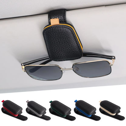 Picture of SINGARO Sunglasses Holder for Car, Leather Magnetic Buckle Sun Visor Sunglass Clip, Ticket Card Storage Glasses Clip, Car Interior Accessories for Men and Women（2PCS Black-Yellow）