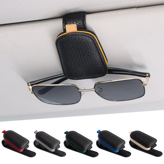 Picture of SINGARO Sunglasses Holder for Car, Leather Magnetic Buckle Sun Visor Sunglass Clip, Ticket Card Storage Glasses Clip, Car Interior Accessories for Men and Women（2PCS Black-Yellow）