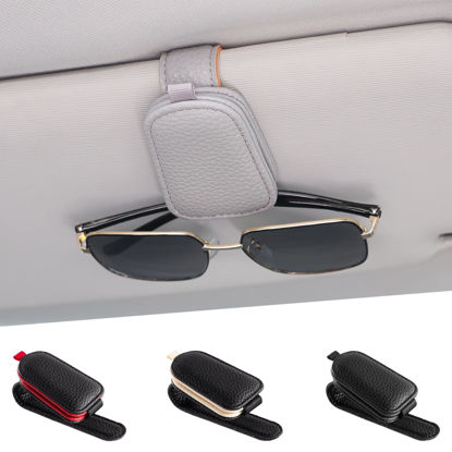 Picture of SINGARO Sunglasses Holder for Car, Leather Magnetic Buckle Sun Visor Sunglass Clip, Ticket Card Storage Glasses Clip, Car Interior Accessories for Men and Women（Gray）