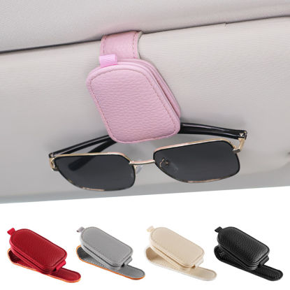 Picture of SINGARO Sunglasses Holder for Car, Leather Magnetic Buckle Sun Visor Sunglass Clip, Ticket Card Storage Glasses Clip, Car Interior Accessories for Men and Women（Pink）