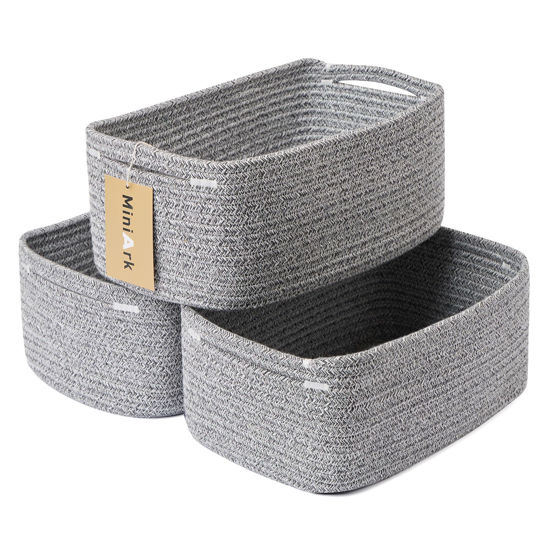 Picture of MiniArk Shelf Storage Baskets for Organizing | Closet Organizer Bins | Small Baskets | Toy Basket | Cute Decorative Basket | Cube Storage Bin | Woven Rope Basket | 13×8.5×5.1” | 3 Packs Mixed Grey