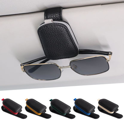 Picture of SINGARO Sunglasses Holder for Car, Leather Magnetic Buckle Sun Visor Sunglass Clip, Ticket Card Storage Glasses Clip, Car Interior Accessories for Men and Women（Black-Gray）
