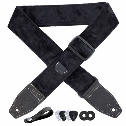 Picture of YIKOKO Guitar Strap 2 inch Velvet Guitar Straps with Full Grain Leather End, for Bass Electric and Acoustic Guitars, Free Strap Button, 2 Strap Locks and 4 Guitar Picks