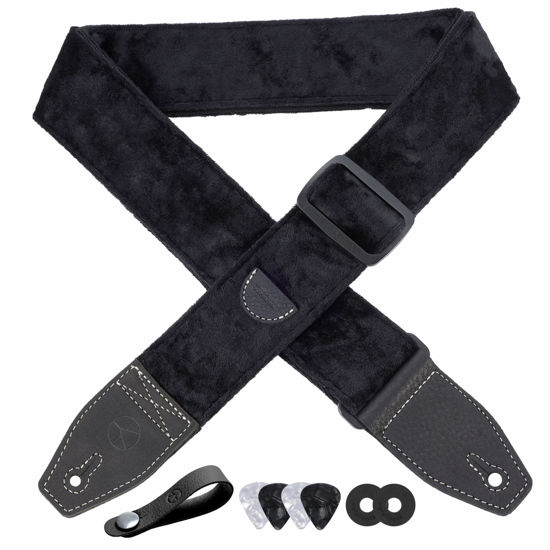 Picture of YIKOKO Guitar Strap 2 inch Velvet Guitar Straps with Full Grain Leather End, for Bass Electric and Acoustic Guitars, Free Strap Button, 2 Strap Locks and 4 Guitar Picks