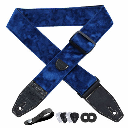 Picture of YIKOKO Guitar Strap 2 inch Velvet Guitar Straps with Full Grain Leather End, for Bass Electric and Acoustic Guitars, Free Strap Button, 2 Strap Locks and 4 Guitar Picks
