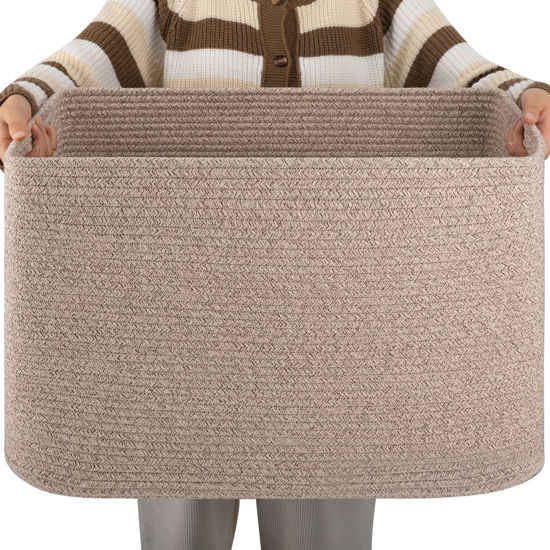 Picture of OIAHOMY XXLarge Rectangle Blanket Basket-96L, Cotton Woven Basket for Storage, Dirty Clothes Basket for Living Room, Nursery, Bedroom, Toy Organizing with Handle, 24" x 16" x 15",Brown variegated