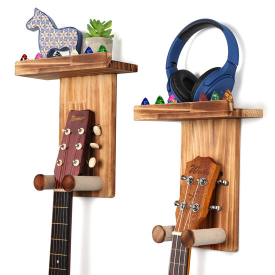 Picture of Keebofly Guitar Wall Hanger,2 Pack Guitar Wall Mount Holder Guitar Hanger Shelf with Pick Holder Solid Pine Wood Guitar Rack for Acoustic or Electric Guitar,Ukulele,Bass,Mandolin Brown，[Patented]