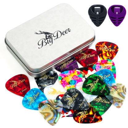 Picture of BigDeer 30 pack Celluloid Guitar Picks ，includes Thin,Medium, Heavy & Extra Heavy Picks Plectrums for Acoustic Guitar,Ukulele,Bass Wrapped in tin box