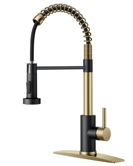 Picture of FORIOUS Kitchen Faucets with Pull Down Sprayer, Stainless Steel Commercial Single Handle Classic Spring Pull Out Sink Faucet for Farmhouse Camper Laundry Utility Room RV, Black Gold