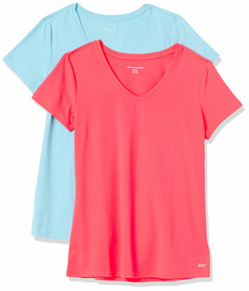 Picture of Amazon Essentials Women's Tech Stretch Short-Sleeve V-Neck T-Shirt (Available in Plus Size), Pack of 2, Neon Pink/Blue, X-Small