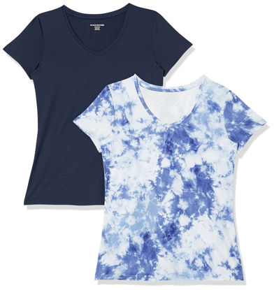 Picture of Amazon Essentials Women's Tech Stretch Short-Sleeve V-Neck T-Shirt (Available in Plus Size), Pack of 2, Navy/White Tie Dye, XX-Large