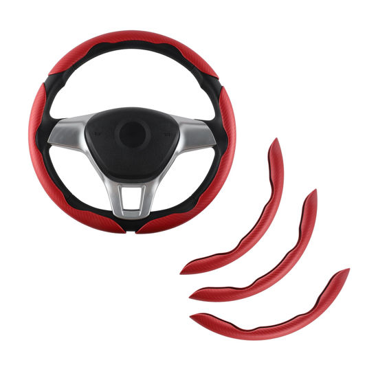 Picture of Amiss 3pcs Car Carbon Fiber Anti-Skid Steering Wheel Cover, Segmented Steering Wheel Protector, Butterfly Steering Wheel Cover, Universal 99% Car Wheel Cover Protector, Car Interior Accessories (Red)