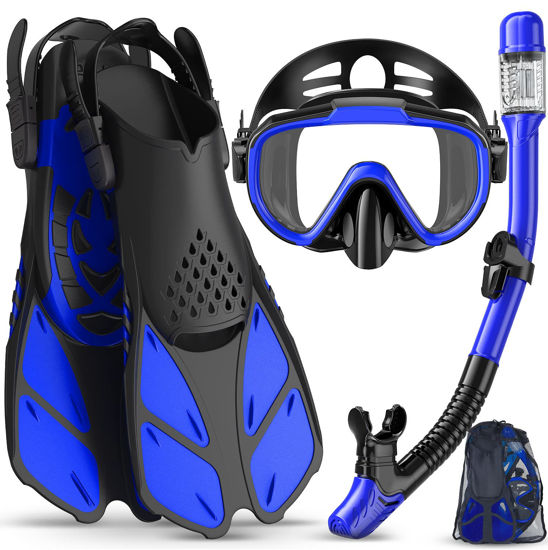Picture of Ubekezele Snorkeling Gear for Adults Men Women,4 in 1 Snorkel Set with Panoramic View Diving Mask Anti-Fog Anti-Leak,Dry Top Snorkel,Fins and Travel Bag for Swimming,Snorkeling and Travel Diving