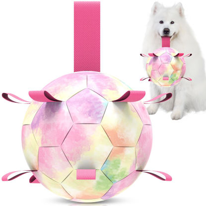 Picture of QDAN Extra Large Dog Toys Soccer Ball - Durable Dog Balls for Extra Large Dogs, Beach Pool Dog Water Toy, Interactive Dog Toys for Tug of War, Puppy Birthday Gifts, Rainbow (9 Inch)