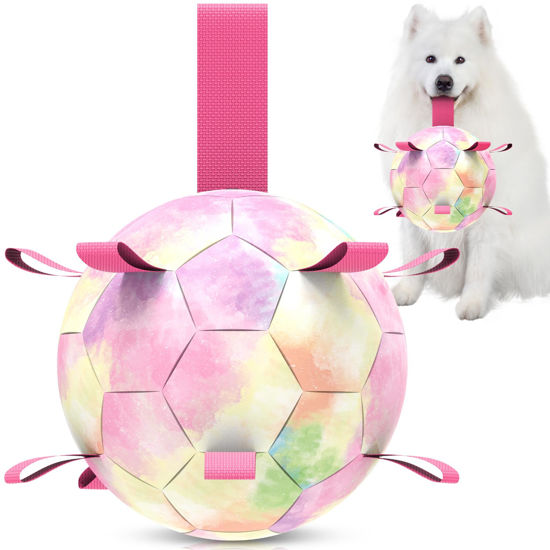 Picture of QDAN Extra Large Dog Toys Soccer Ball - Durable Dog Balls for Extra Large Dogs, Beach Pool Dog Water Toy, Interactive Dog Toys for Tug of War, Puppy Birthday Gifts, Rainbow (9 Inch)