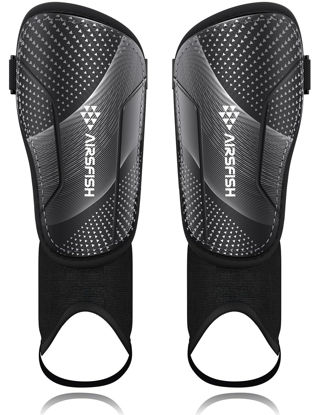 Picture of Upgraded Soccer Shin Guards for Kids Youth, CE Certified AirsFish Shin Ankle Guard Sleeves Protection Gear for Boys Girls Soccer Games EVA Cushion Reduce Shocks and Injuries (Small, Carbon Black)