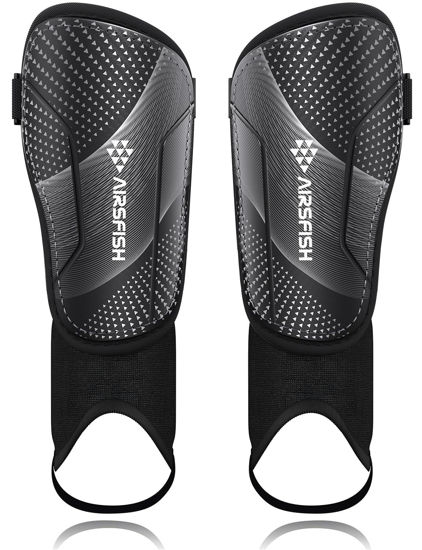 Picture of Upgraded Soccer Shin Guards for Kids Youth, CE Certified AirsFish Shin Ankle Guard Sleeves Protection Gear for Boys Girls Soccer Games EVA Cushion Reduce Shocks and Injuries (Small, Carbon Black)