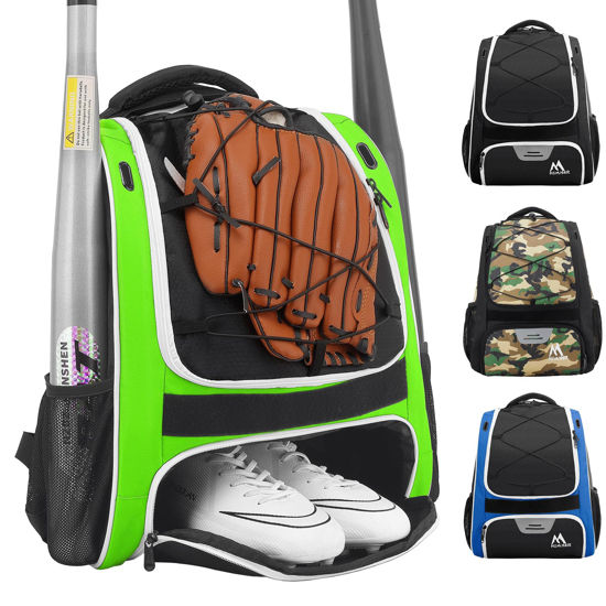 Picture of Hsmihair Baseball Bag - Baseball Backpack Holder for Baseball, Large Main Compartment,T-Ball & Softball Equipment & Gear for Youth and Adults,Holds Bats, Helmet, Gloves (Green)