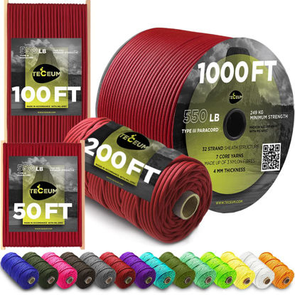 Picture of TECEUM Paracord Type III 550 Red (Fire) - 200 ft - 4mm - Tactical Rope MIL-SPEC - Outdoor para Cord -Camping Hiking Fishing Gear and Equipment - EDC Parachute Cord - Strong Survival Rope 021